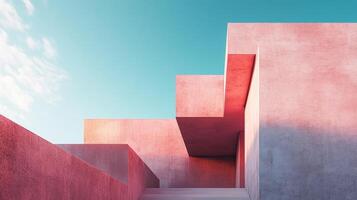 Abstract architectural design featuring angular pink concrete forms against a serene blue sky, capturing a blend of modern art and structure. photo