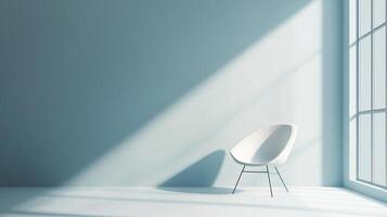 Minimalist interior featuring a modern white chair in a brightly lit room. Sunlight streams in, creating striking light and shadow patterns. photo
