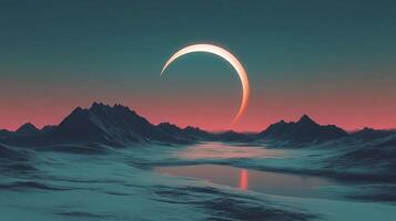 Ethereal landscape of mountains silhouetted beneath an incomplete glowing celestial sphere, reflected in calm waters at twilight. photo