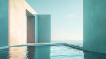 Minimalist architectural space overlooking a tranquil ocean, combining water and structural elements for a serene visual experience. photo