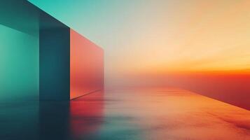 Abstract architectural space with colorful panels facing a misty horizon. The image explores depth and spatial relationships. photo
