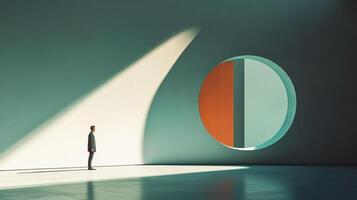 A contemplative man stands in a minimalist space, bathed in light, beside a striking geometric mural, creating an atmosphere of mystery photo