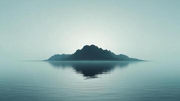Serene mountain island reflected on calm water. Muted hues create a peaceful, minimalist landscape with a dreamlike quality. photo