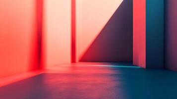 Abstract architectural space with contrasting red and blue hues, showcasing geometric forms and light play in a minimalist setting. photo