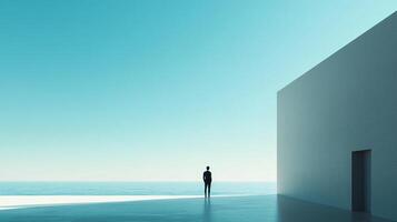 A solitary figure stands on a vast concrete platform overlooking the ocean, gazing at the horizon on a serene, cloudless day. photo