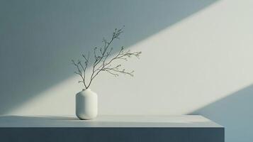 Minimalist vase with twigs on a table, bathed in soft sunlight against a subtle gray wall, simple and elegant. Nature indoors on display. photo