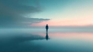 Lone figure standing on a reflective surface beneath a tranquil pastel sky, creating a surreal and peaceful atmosphere of solitude. photo