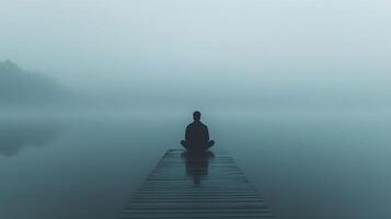 Person meditating on dock with morning mist. A serene atmosphere of mindfulness and inner peace surrounded by hazy waters. photo