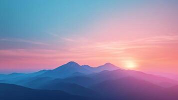 Scenic mountain vista bathed in the soft, warm hues of sunrise, creating a serene and calming atmosphere in nature. photo