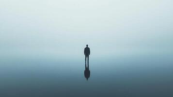Solitary figure standing on a reflective surface under a gradient sky, evokes serenity and introspective mood. Minimalist and contemplative. photo