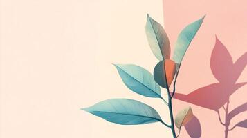 Pastel leaves cast soft shadows on a color-blocked wall. A serene and modern botanical scene with calming colors and simple composition. photo