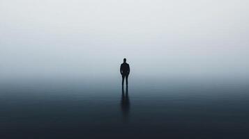Figure stands on the water's surface, blending with the misty horizon. Creates a meditative, minimalist, and surreal atmosphere. photo