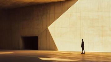 Solitary figure stands in vast hall bathed in light. Angular shadows accentuate architecture. photo