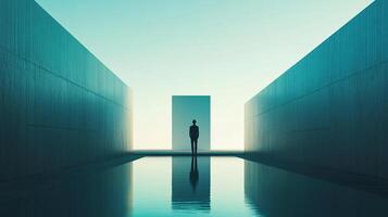 A lone figure stands before a brilliant doorway reflected in still water, surrounded by imposing geometric structures under an ethereal sky. photo