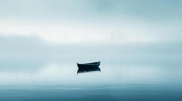 A solitary boat adrift on calm, misty water creates a serene and peaceful scene of tranquility and solitude against the muted sky. photo