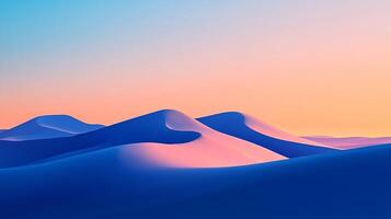 Serene view of stylized sand dunes bathed in the soft glow of a pastel sky, creating a peaceful landscape. Smooth textures and calming colors. photo