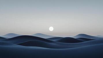Minimalist desert landscape with rolling dunes under a hazy sky, featuring a pale sun or moon. Serene and peaceful atmosphere. photo