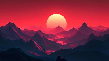 Red mountain ranges against a sunset sky, creating a serene and dramatic landscape of peaks shrouded in mist and saturated with vivid color. photo