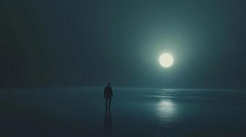 Solitary figure walking towards the moon in a surreal, atmospheric landscape. A moment of quiet introspection under a luminous sky. photo