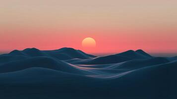 Minimalistic ocean landscape featuring gentle waves under a gradient sky with a rising sun, conveying tranquility and serenity. photo