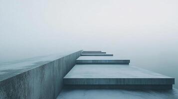 Minimalist concrete stairway disappearing into the fog. An abstract architectural dreamscape, where structure meets ethereal atmospheric conditions. photo