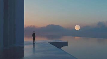 Figure gazes across endless water at dawn. Soft light and clouds create a calming, dreamlike atmosphere. Solitude and introspection. photo