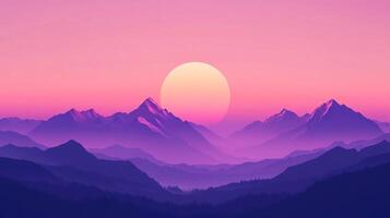 Layers of purple mountains are bathed in the warm glow of a setting sun, creating a serene and peaceful landscape. The sky is soft pink. photo