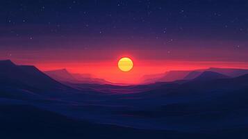 A stylized digital rendering depicts a yellow sun setting behind distant purple mountains beneath a starry sky, creating a serene landscape. photo