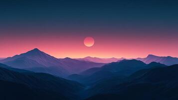 Serene mountain range panorama under a gradient pink and blue sky with a setting sun, creating a peaceful, scenic view. photo