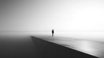 Lone figure standing on a precipice, facing a vast, foggy expanse, creating a sense of mystery and contemplation. photo