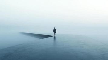 A lone figure stands on the edge of a platform amidst a dense fog, creating a surreal and contemplative atmosphere. photo
