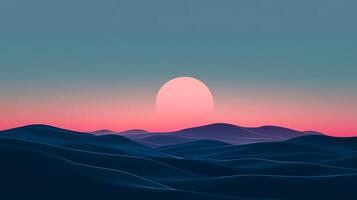 Serene abstract landscape with stylized rolling hills under a gradient sky and a glowing sun, creating a tranquil, dreamlike vista. photo
