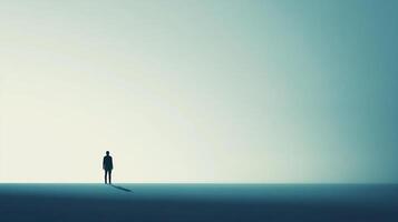 Solitary figure against vast sky, shadow stretching ahead. Contemplative moment in simple, muted tones. Seeking purpose in isolation. photo