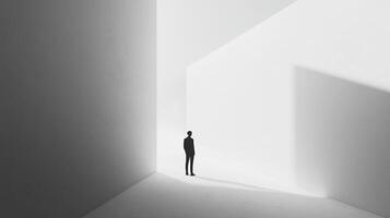 A solitary figure stands in a brightly lit white room, facing towards an open space. The monochrome art evokes feelings of isolation and hope. photo
