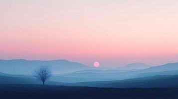 A serene landscape with a solitary tree against a backdrop of rolling hills, the sun setting with a pink glow at the horizon. photo