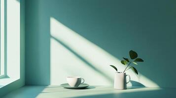 A serene still life featuring a cup, saucer, plant in a vase bathed in soft light against a muted green background, creating a calming aesthetic. photo
