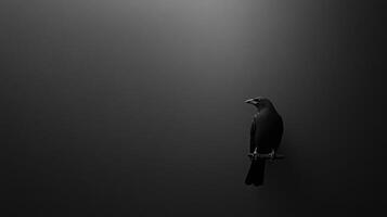 A crow rests on a branch silhouetted against a dark background, evoking a sense of mystery and intrigue. Bird's eye is prominent. photo