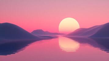 Serene sunset landscape with soft pink and purple hues reflecting on calm water. The sun sets behind gentle hills in this dreamy scene. photo