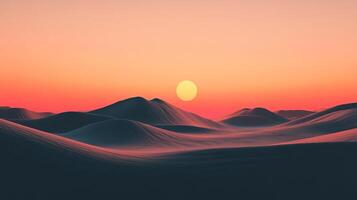 Serene desert landscape under a pastel sky, with soft rolling dunes bathed in the warm glow of the setting sun. A peaceful natural scene. photo