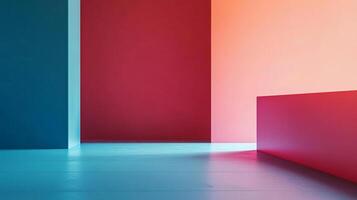 Abstract color blocking featuring blue, red, and peach walls with a glossy floor, creating a modern and minimalist composition. photo