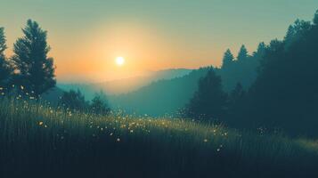 Scenic landscape featuring sunrise over mountain range, lush meadow foreground, and dense forest backdrop evokes tranquility and natural beauty. photo
