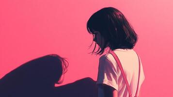 Contemplative girl casting shadow on a pink wall, immersed in introspective thought. A solitary figure in a vibrant yet melancholic scene. photo