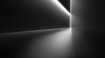 Minimalist architectural abstract with glowing lines and dark shadows creating contrast and depth in a simple, sophisticated interior space. photo