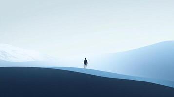 A lone figure stands atop a blue dune in a minimalist landscape, conveying solitude and introspection amid vastness. The calm sky complements. photo