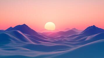 Abstract landscape featuring rolling dunes and distant mountains under a gradient sky with a soft, glowing sun setting or rising. photo