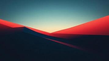 Abstract landscape of converging geometric shapes in red, blue, and cream under soft light. Striking contrast and modern design. photo