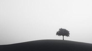 Solitary tree on a crest against a misty background creates a calming and peaceful atmosphere. Simplistic beauty in nature. photo