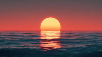 A serene sunset dips below the horizon of a calm ocean, casting a warm glow across the water and sky in shades of orange and blue. photo