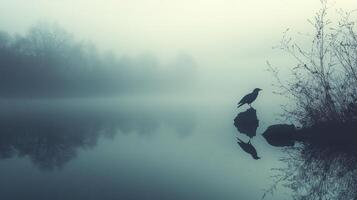 A lone bird perches on a rock in the serene, misty water, its silhouette mirroring in the tranquil lake under an atmospheric sky. photo