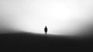 Silhouette of a man standing on a desolate landscape, creating a sense of isolation, mystery, and contemplation in the monochrome scene. photo